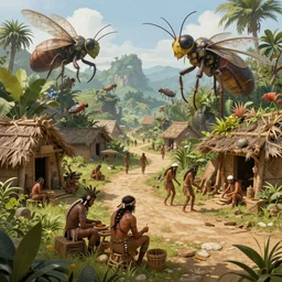 an concept art illustration, photorealistic tribal people working, fantasy street with huts, large insect and plant biomes, ultra realistic, style by wlop, trending in artstation, cgsociety, octane render, ultra sharp, concept illustration, digital painting, 8 k