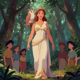 full body shot of the goddess athena with owl on shoulder, pine forest, cel shaded vector art, toon shading, behance, hd by lois van baarle, artgerm, helen huang, by makoto shinkai and ilya kuvshinov, rossdraws, disney princess, disney animation still