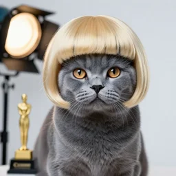 professional photo of a blue cat, blonde wig, short hair wig, doland trump hair cut, studio lighting, very detailed, unreal engine, canon photo, professional lighting, good composition, winning award photo, real cat, real,