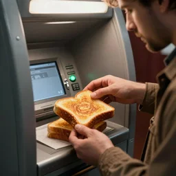 a man withdrawing slices of french toast from the atm machine