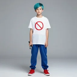 a portrait of a teenager with cyan colored hair, white t - shirt with a no symbol on it, blue long pants and red shoes, holding a microphone, studio lighting, photoshoot, grey backdrop