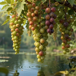 close up low hanging fruits over a pond, by james gurney, low angle shot, concept art, intricate, hyper detailed, volumetric lighting, sharp focus, octane render, trending on artstation, 8 k