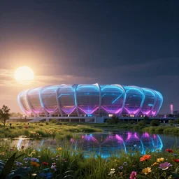 a beautiful hyperdetailed illustration of building stadium by bernard tschumi, hyperrealism laser uv light nightsky morning sun at night reclaimed by nature neon signs at dusk flowers sunlight tron lake darkacademia fisheye synthwave meadow cyberpunk retrowave, archdaily, wallpaper, highly detailed, trending on artstation.
