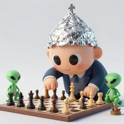 cartoon image of a giant in a tinfoil hat playing chess with aliens
