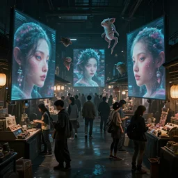 a cyberpunk dark marketplace with heavy asian stylistic influences. the market place is where people come to buy and sell their dreams, they are doing this through machines that stick their faces in with large holographic projections of the creatures they dream of floating around the people. people are reveling in the delight of experience the highly surreal dreams of others. cinematic lighting, dark moody, cinematography highly detailed, 8 k, sharp render