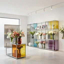 flower retail store, minimal, stainless steel and color glass, frame magazine, archidaily, natural enviroment, contemporary art and sculpture for flower, trending on artstation, octane rendering