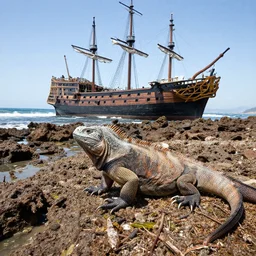 basque country reef, beached galleon, giant iguana