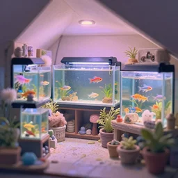 placid pastel morning cozy moody cluttered painterly fluffy tiny cramped aquarium store, colorful darting fish, slanted ceiling, tiny space, particulate, trending on pixiv