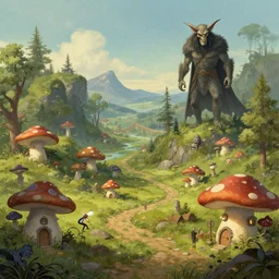 “wide shot, concept art, a fairytale landscape, mushroom houses, grendel from beowulf, in the style of John Bauer and wimmelbilder”