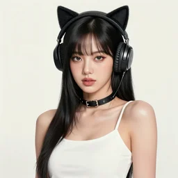 realistic detailed semirealism beautiful gorgeous natural cute Blackpink Lalisa Manoban black hair black cat ears, wearing white camisole outfit, headphones, black leather choker artwork drawn full HD 4K high resolution quality artstyle professional artists WLOP, Aztodio, Taejune Kim, Guweiz, Pixiv, Instagram, Artstation