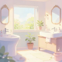 placid pastel morning cute painterly fluffy bathroom trending on pixiv