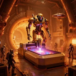 a warm colored rectangular rectilinear gigantic cnc machine with a glowing plasma core biomechanical giger, star wars hallway interior, doom eternal, quake, mri machine millennium falcon space-station with massive piping inspired by a nuclear reactor submarine and maschinen krieger, ilm, beeple, star citizen halo, mass effect, starship troopers, elysium, iron smelting pits, high tech industrial, warm saturated colours