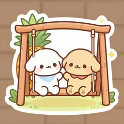 die cut sticker of anime chibi kawaii cute romantic couple of pineapples on a swing set