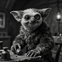 a historical black and white portrait of a Gremlin working in the mines