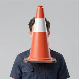 a man wearing a traffic cone over his head and face