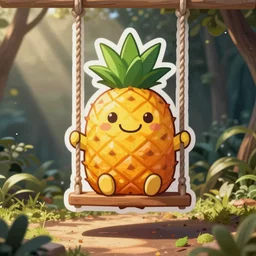 die cut sticker of chibi anime smiling pineapple on a swing