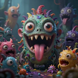intricate colourful murky with strange cute friendly horror crazy monsters with huge beauty eyes long tongue triangle teeth and scary face appearing from the greed, in the style of craola, shallow depth of field, highly detailed, digital painting, trending artstation, concept art, illustration, cinematic lighting, vibrant colors, photorealism, epic, octane render