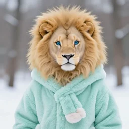 aesthetic portrait commission of a albino male furry anthro lion wearing a cute mint colored cozy soft pastel winter outfit, winter atmosphere. character design by chunie