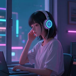 lofi art of girl listening to music, by the apartment window, cyberpunk theme, artstation, 4 k
