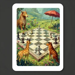 dixit card, animals, spots, stripes, high fantasy, giant chess board, rook, bishop, flower garden, checkers, labyrinth, alone in the dark, parasol, cryptid, intricate, amazing composition, colorful watercolor, by ruan jia, by maxfield parrish, by shaun tan, by nc wyeth, by michael whelan, by escher, illustration, volumetric, bloom, sunbeam, dappled