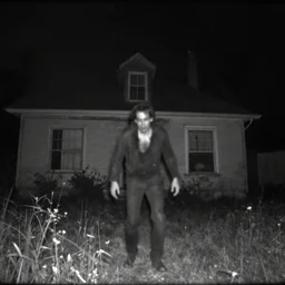 bad quality blurry nightfootage nightcam black and white trailcam footage of native weird distorted Man male human body vampire at night in an old house, low resolution, compressed