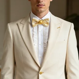 elegant fancy suit of the groom with elements of the sun. golden highlights. frill collar. clear details. realistic photo. the model is a handsome young man with a symmetrical face.