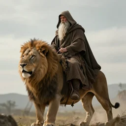hooded wise old man ( long white beard wearing a brown tunic ), riding majestically, on a beautiful lions back, epic digital art, cinematic, trending on artstation, superb detail 8 k, wide - angle, masterpiece