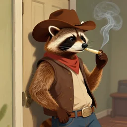 cowboy raccoon smoking a joint while leaning with his back against a door, digital art