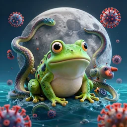 Cute Coronavirus Creatures!!, the world’s greatest drawing of a frog, 4000 meters above the bottom of the ocean, cinematic, hyper realism, high detail, octane render, unreal engine, 8k, vibrant color, the inhabitants of the Moon resembled large serpents with a spongy, porous skin, Integrating with Technology!, by dom qwek and andrea chiampo