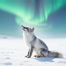 white background, snow blanket, arctic fox sitting down, side view, fully body, fox looking up, fox enjoying the sun, matte painting, aurora borealis, snowflakes