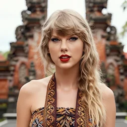 taylor swift wearing batik bali in bali. temple background. front view. instagram closeup holiday photo shoot, closeup, 1 0 mm