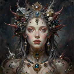 symmetry!! the portrait of the absurdly beautiful woman, octane render, symmetrical face, full body!! maximalist details, octane render, particles of minerals, trending in cgsociety, strange jewerly. horror, a beautiful painting by gerald brom, peter mohrbacher, sophie anderson