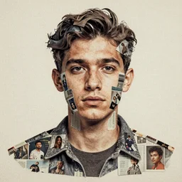 portrait of someone made up of images cut out from a magazine, texture,