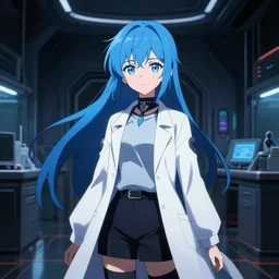 in the style of 7 0's anime : : idealistic art : : holophic science girl researcher blue hair : : dark futuristic lab background interior