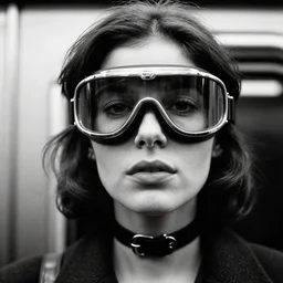 close - up portrait of a beautiful woman wearing a choker and welding goggles, in a subway, richard avedon, tri - x pan