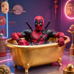 Deadpool bathing in a gold tub, futuristic neon, decorated with traditional Japanese ornaments by Ismail inceoglu dragan bibin hans thoma greg rutkowski Alexandros Pyromallis Nekro Rene Maritte Illustrated, Perfect face, fine details, realistic shaded, fine-face, pretty face