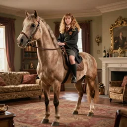 hermione granger transforming into a horse in the middle of a living room, her legs and waist are already equine - n 9