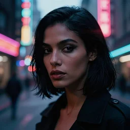 A hyper realistic and detailed head portrait photography of a black hair, slim, black noir female on a futuristic street. by Annie Leibovitz. Neo noir style. Cinematic. neon lights glow in the background. Cinestill 800T film. Lens flare. Helios 44m