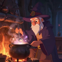 a wholesome animation key shot of wizard with a hat coocking the magical brew that emmits sparklings in pot at fireplace, medium shot, pixar and disney animation, sharp, rendered in unreal engine 5, anime key art by greg rutkowski, bloom, dramatic lighting