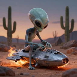 a sad Roswell grey alien trying to repair his crashed burning spacecraft in the desert, cactus and rocks in the background, dusk, featured on zbrush central, hurufiyya, zbrush, polycount, airbrush art