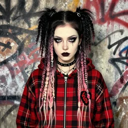 highly detailed portrait of a sewer punk lady, tartan hoody, ringlet hair by atey ghailan, by greg rutkowski, by greg tocchini, by james gilleard, by joe fenton, by kaethe butcher, gradient red, black, cream and white color scheme, grunge aesthetic!!! ( ( graffiti tag wall background ) )