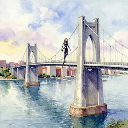 city bay bridge aqueduct, colorful watercolor. by rembrant, battle angel alita, ralph mcquarrie, aluminum, 1 6 6 7