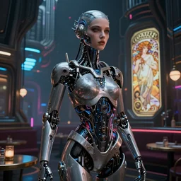 ultra realistic, beautiful female cyborg, in a club in space metropolis, sci-fi, intricate details, eerie, highly detailed, octane render, 8k, art by artgerm and alphonse mucha and moebius