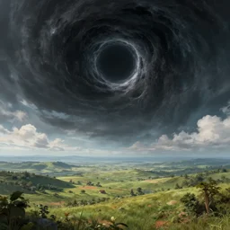 a sinister giant black hole over a beautiful landscape by brian despain daniel ridgway knight atey ghailan jeremy mann, volumetric light, artstation, high detail, perfect