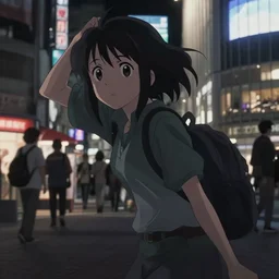 anime visual, dark portrait of a young female traveler in shibuya at night shopping, low light, cute face by ilya kuvshinov, yoh yoshinari, makoto shinkai, dynamic pose, dynamic perspective, cel shaded, flat shading mucha, rounded eyes, moody, detailed facial features, psycho pass, lomography