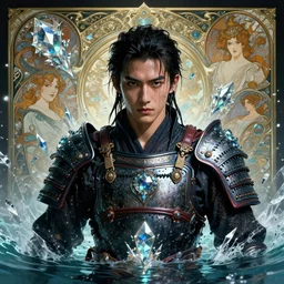 portrait of a young handsome cyberpunk samurai man wearing a warrior armor, drenched body, wet dripping hair, emerging from the water, fantasy, regal, fractal crystal, fractal gems, by stanley artgerm lau, greg rutkowski, thomas kindkade, alphonse mucha, loish, norman rockwell.