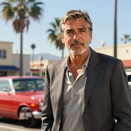 george clooney in gta v. los santos in background, palm trees. shallow depth of field 1. 8 in the art style of stephen bliss