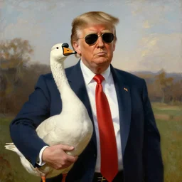 Oil painting of Donald Trump wearing sunglasses and holding a goose, 1800s painting