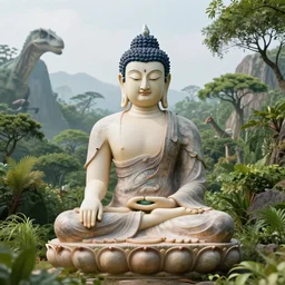 a dreamy amitabha buddha meditating in a lush jurassic landscape, 4 k, hyper realistic, in he style of national geographic, coherent design, symmetrical, vivid colour, complementary colour, golden ratio, detailed, sharp lines, intricate, rainbow shift, in unreal 3 d engine, ray tracing, octane render