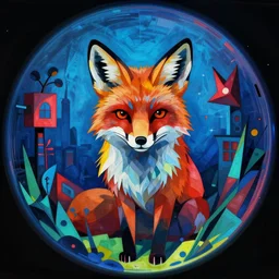 fox hunter of the durnan, art by frank kelly freas and fred fields and alicia austin, trending on artstation, iridescent cool blue and cyan and red and blue and yellow and green lighting fish eye gigapixel, dark academia, trending on artstation, stuckism, cubism